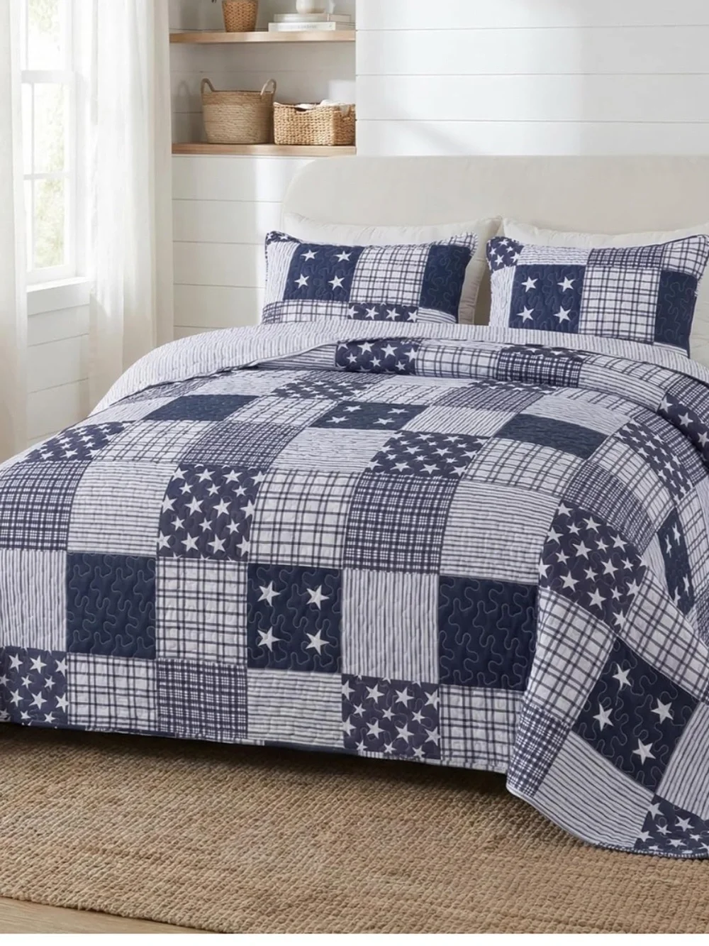 Nautical Patchwork Quilt Set in Navy and White - Brand: